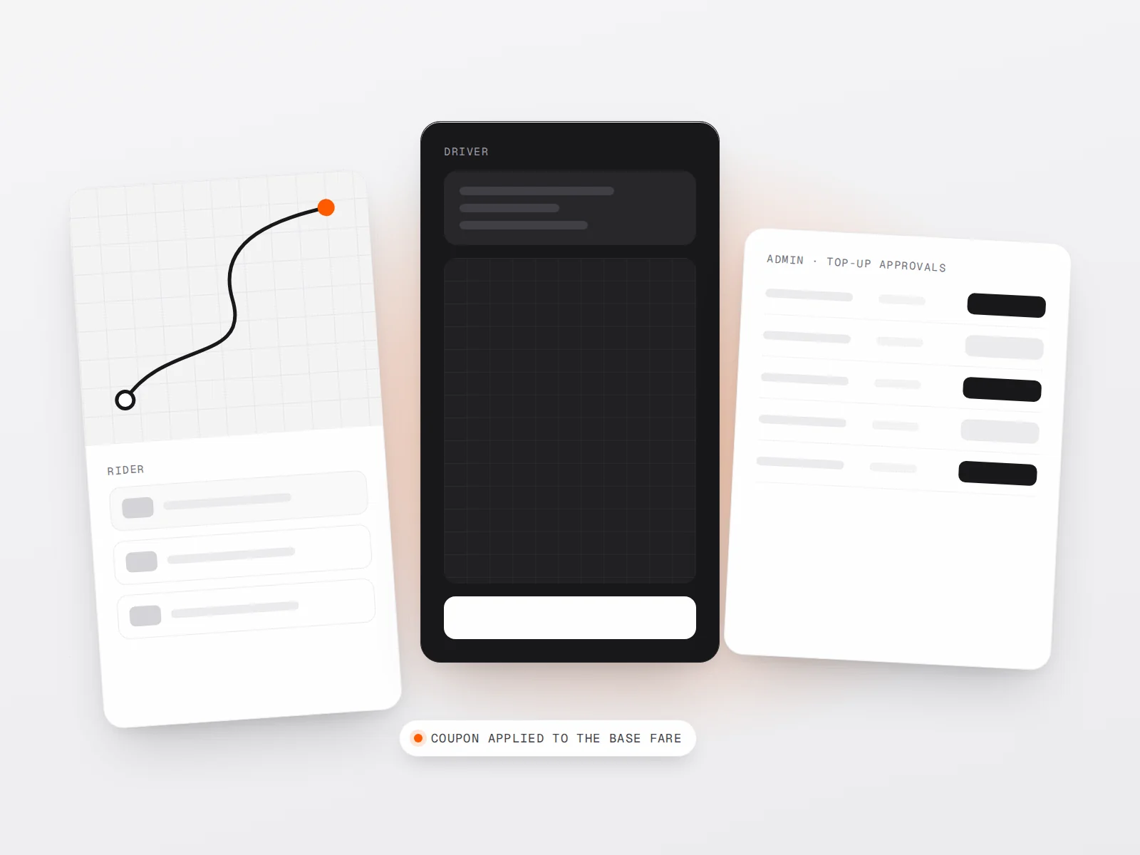 Illustration: rider, driver and admin views with the coupon rule